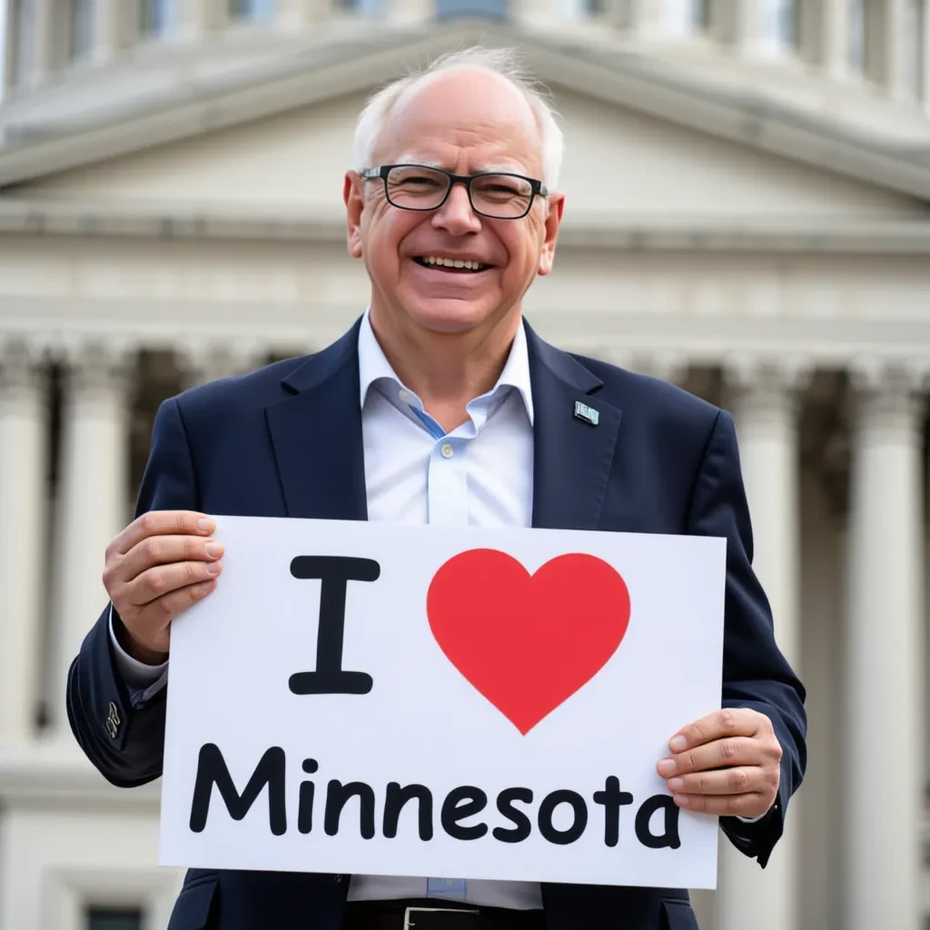 A photo of Tim Walz,

Subject: Tim Walz

Appearance: Wearing a regular business suit jacket over a casual collared shirt, with his signature black-rimmed prescription reading glasses.

Pose: Standing upright, holding a sign that says "I Love Minnesota" in bold letters.

Setting: In front of the Minnesota Capitol building.

Background: The Minnesota Capitol building is clearly visible, with the architectural details in focus.

Mood/Atmosphere: Simple, straightforward, and positive, reflecting a sense of pride and affection for Minnesota.