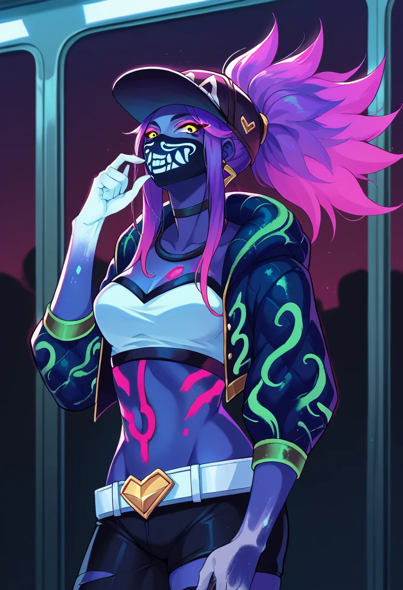 score_9, score_8_up, source_anime, 1girl, solo, AkaliNeon, long hair, high ponytail, sidelocks, purple hair, glowing hair, yellow eyes, glowing, blue skin, white hands, bodypaint, neon lights, baseball cap, print cap, mouth mask, earrings, black choker, white tube top, midriff, black jacket, green paint on jacket, cropped jacket, white belt, black pants, single pantsleg, uneven legwear, subway, train interior, <lora:ChamAkaliNeonPonyXL:1>