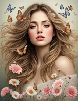 A dreamlike portrait of a woman with flowing hair, surrounded by flowers and butterflies