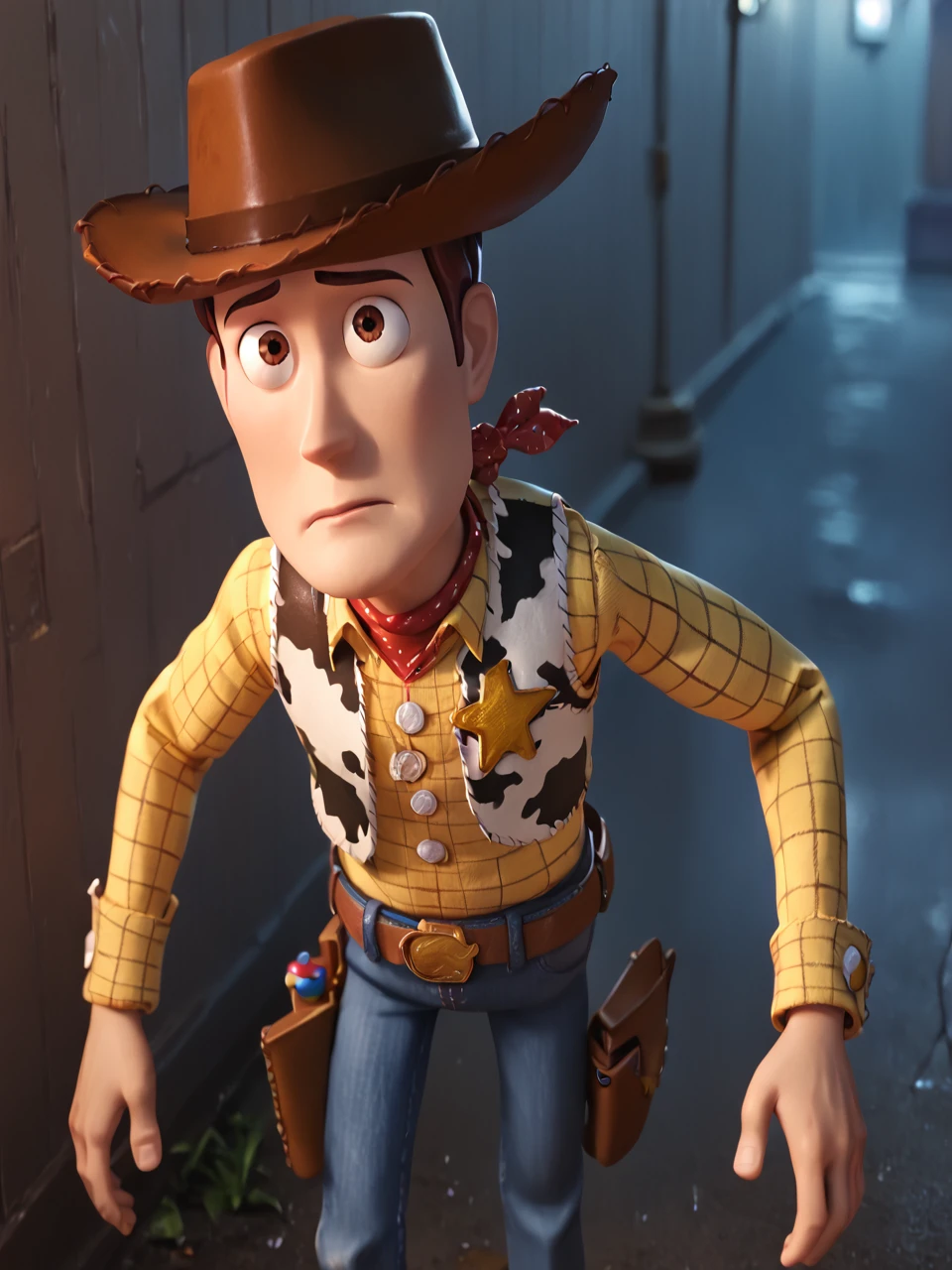 score_9, score_8_up, score_7_up,  score_6_up, BREAK, ToyWoody, solo, 1boy, brown eyes, brown hair, cowboy hat, yellow shirt, cowboy boots, red bandana, jeans, holster, sheriff badge, vest, looking up, night, sad face, rain, fog, alley, lean on wall    <lora:Woody_Sheriff-000009:1>