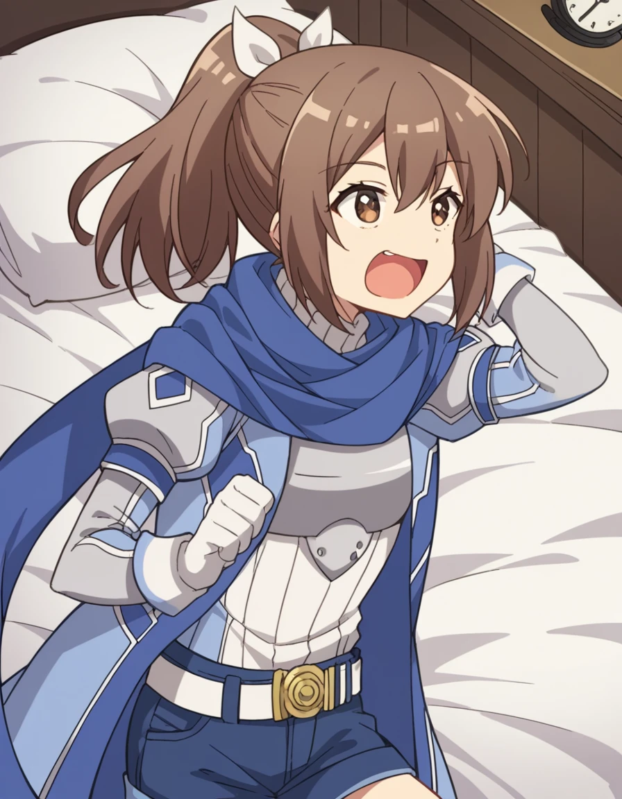 score_9, score_8_up, score_7_up, source_anime, <lora:bofuri-sally-s2-ponyxl-lora-nochekaiser:1>, sally, long hair, brown hair, brown eyes, ribbon, hair ribbon, ponytail,, gloves, shorts, scarf, blue scarf, shirt, white shirt, puffy sleeves, long sleeves, belt, denim shorts,, bedroom, alarm clock, morning routine, yawning, stretching, on bed,, smile, , foot crossed over, hand on neck, elbow bent, solo,, cowboy shot, dutch angle