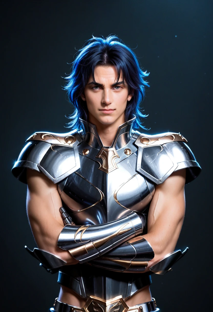 score_9, score_8_up, score_7_up,
BREAK, 1man, gemini no saga, solo, male, (dark hair, long hair, blue hair), manly, athletic, strong arms, hazelnut eyes, light-skin male, toned male body, limp, <lora:Gemini_No_Saga_-_Pony-000007:0.75>, dark hues, full body armor, dark armor, dark shoulder armor, dark gauntlets, detailed armor, intricate details, blue lycra bottoms under armor, blue lycra shirt sleeveless, crossed arms,
BREAK, looking at viewer, serious smile, midriff, cowboy shot, (upper body:1.5),
BREAK, realistic,