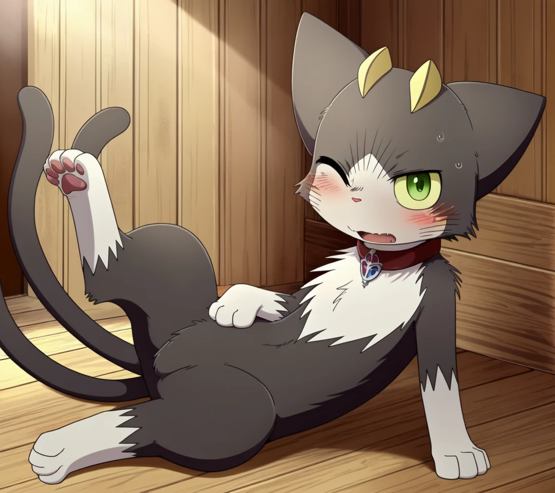 kur0,male,anime,solo,feral, indoors,day,fur, reclining, felid,domestic cat, very aesthetic, quadruped, feet,paws, hindpaw, looking at viewer, green eyes, one eye closed, dynamic angle, light blush, ultra detailed, natural light, collar, detailed background, two tails, symmetrical, digital media (artwork), <lora:kur0_YM:0.7>, by mumu, by smitty g, by dagasi