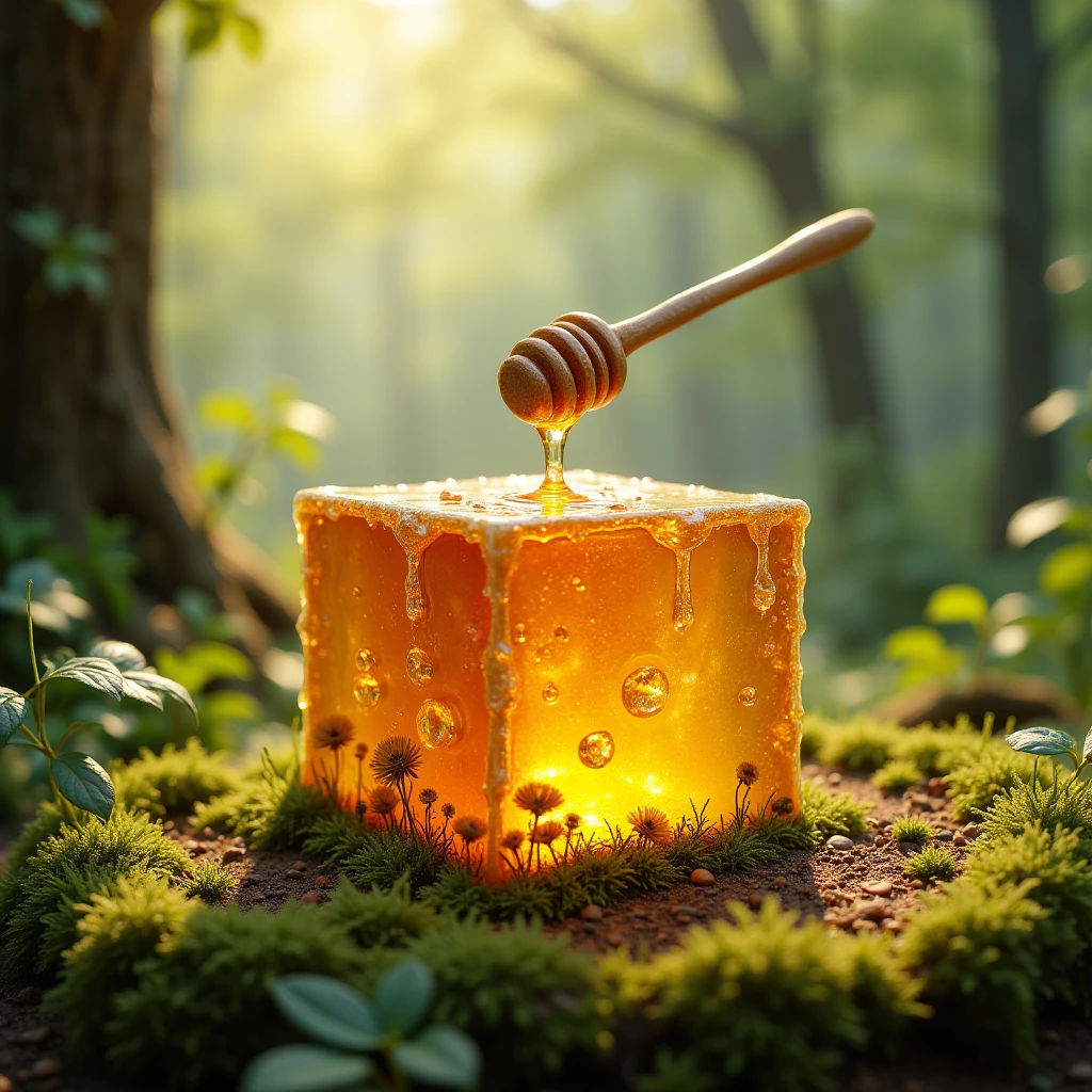 Fashionable cube with honey on forest ground, 3D Rendering, Airbrush painting, dreamlike