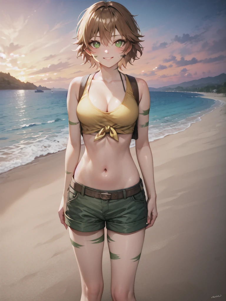 <lora:Toko_Amada_SD15:0.9>, Toko Amada, green eyes, short hair, brown hair, scar, breasts, tied shirt, midriff, navel, green shorts, 1girl, standing, alone, looking at the viewer, masterpiece, highres, highly detailed face, highly detailed shining eyes, symmetrical highly detailed eyes, entire body, legs, beach, sea, sand