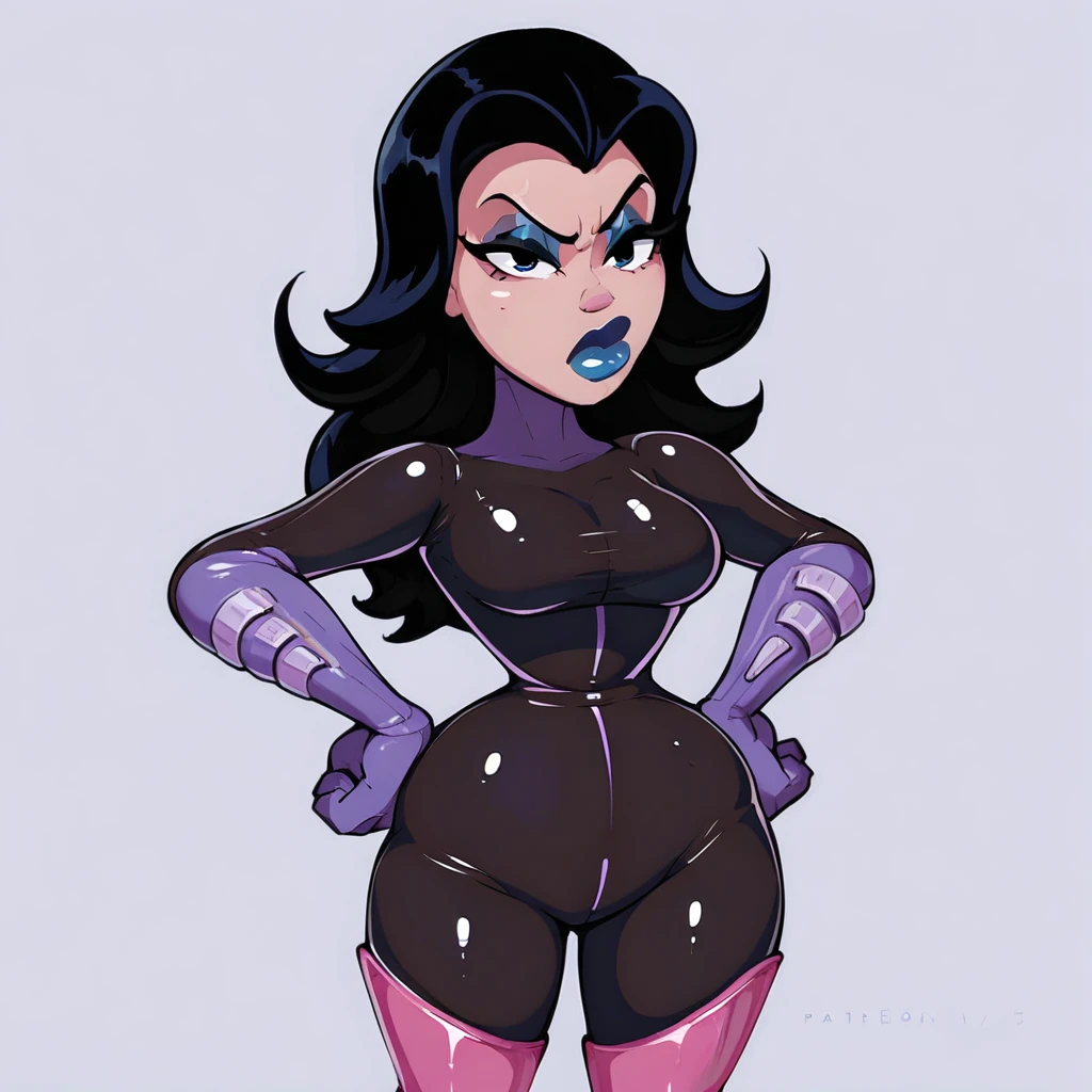 score_up_9, score_up_8, score_up_7, best quality, 2d, clean line art, 1girl, solo, standing, hands on hips, black hair, long hair, latex bodysuit, purple gloves, pink boots, blue lipstick, blue makeup,