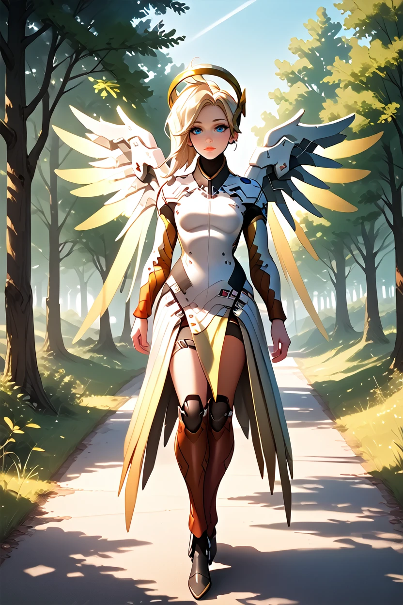 score_9, score_8_up, score_7_up
<lora:OMercy:1.0>
OMercy, 1girl, blonde hair, blue eyes, mechanical halo, mechanical wings, looking at viewer, walking, countryside road lined with trees, late afternoon light casting long shadows, nostalgic and carefree vibe