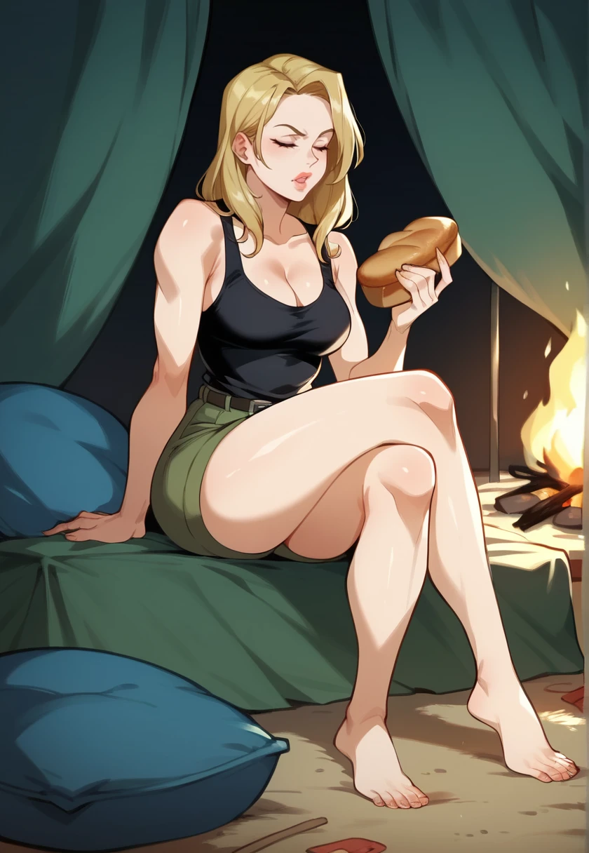 (eating bread, crossed legs, closed eyes, holding), (inside tent, night, campfire)  <lora:DianeNeilNSLT:1> dianeneil, long hair, blonde hair, blue eyes, lipstick, cleavage, black tank top, bare shoulders, green pants, barefoot, detached hair,, 16k, masterpiece, absurdes, highly detailed, highres, high quality, best quality, score_9, score_8_up, score_7_up, score_6_up, shiny, shiny skin, shiny hair