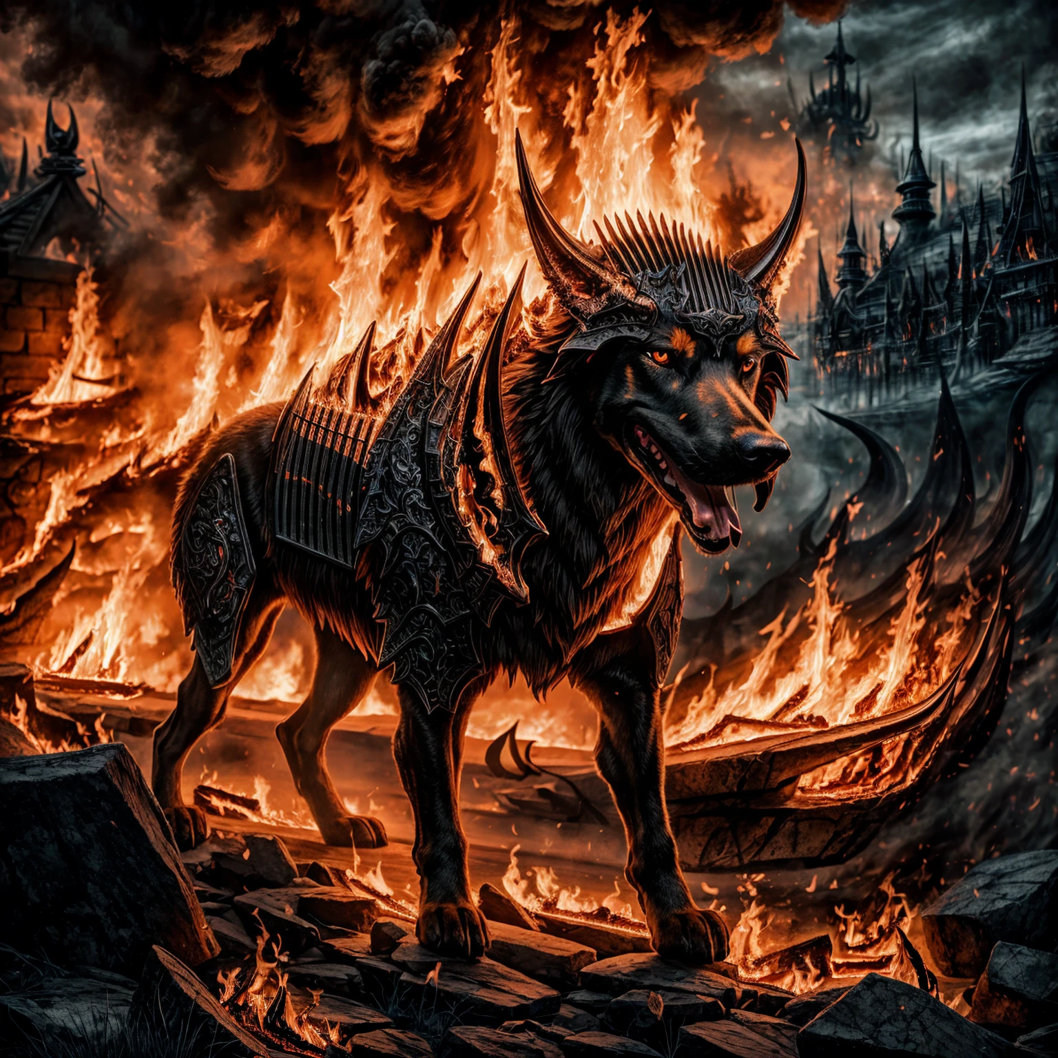 Role-playing game (RPG) style fantasy hellhound, on fire, <lora:firelap:0.8>, elementalplanefire, <lora:more_details:0.6>, high quality, highres, masterpiece, best quality, 8k, intricate, detailed, <lora:add_detail:0.6>, very detailed . Detailed, vibrant, immersive, reminiscent of high fantasy RPG games