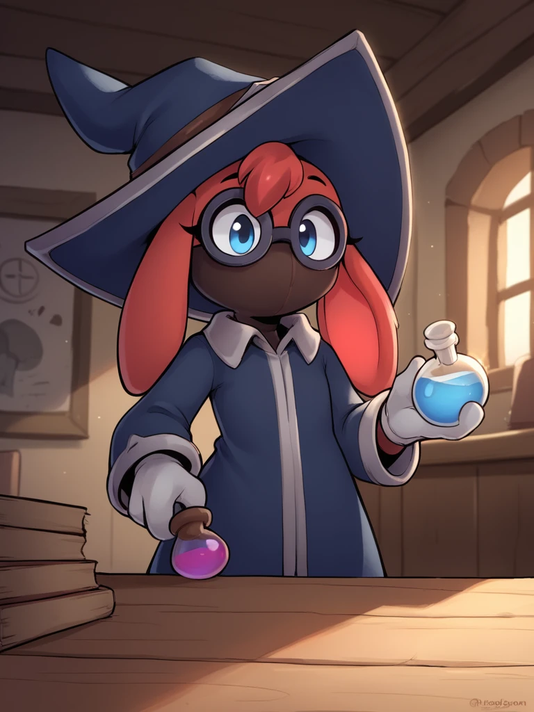 score_9, score_8_up, score_7_up, score_6_up, score_5_up, score_4_up, indoors, livingroom, moji, leipori, rabbit, red, skin, red fur, glasses, gloves, blue eyes, 1girl, 3 fingers, witch hat, mask, holding potion, close-up, cowboy shot, happy eyes, making potion