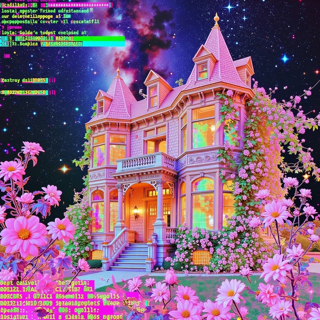 xdlx style symmetrical aesthetic digital photo, occult style, gilded era mansion, overgrown with flowers and vines, beautiful night sky with a lot of stars, abstract composition, vaporwave aesthetic, chromatic gradient, glitched data mosh computer terminal