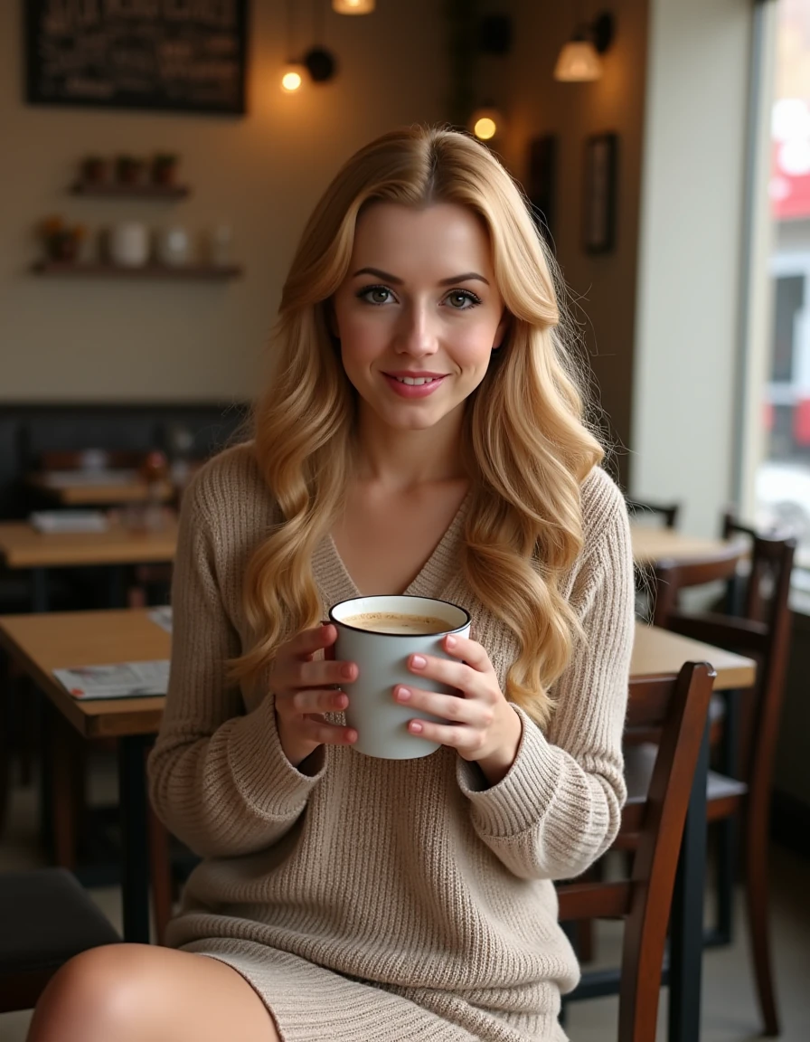 <lora:Lexi_Belle_Flux_r1:1> realistic photo of Lexibelle, long hair, wearing a sweater dress in a cafe having a coffee.