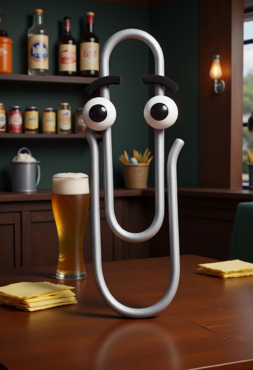 clippy paperclip, drunk, in a pub, with beer. Photorealistic.   