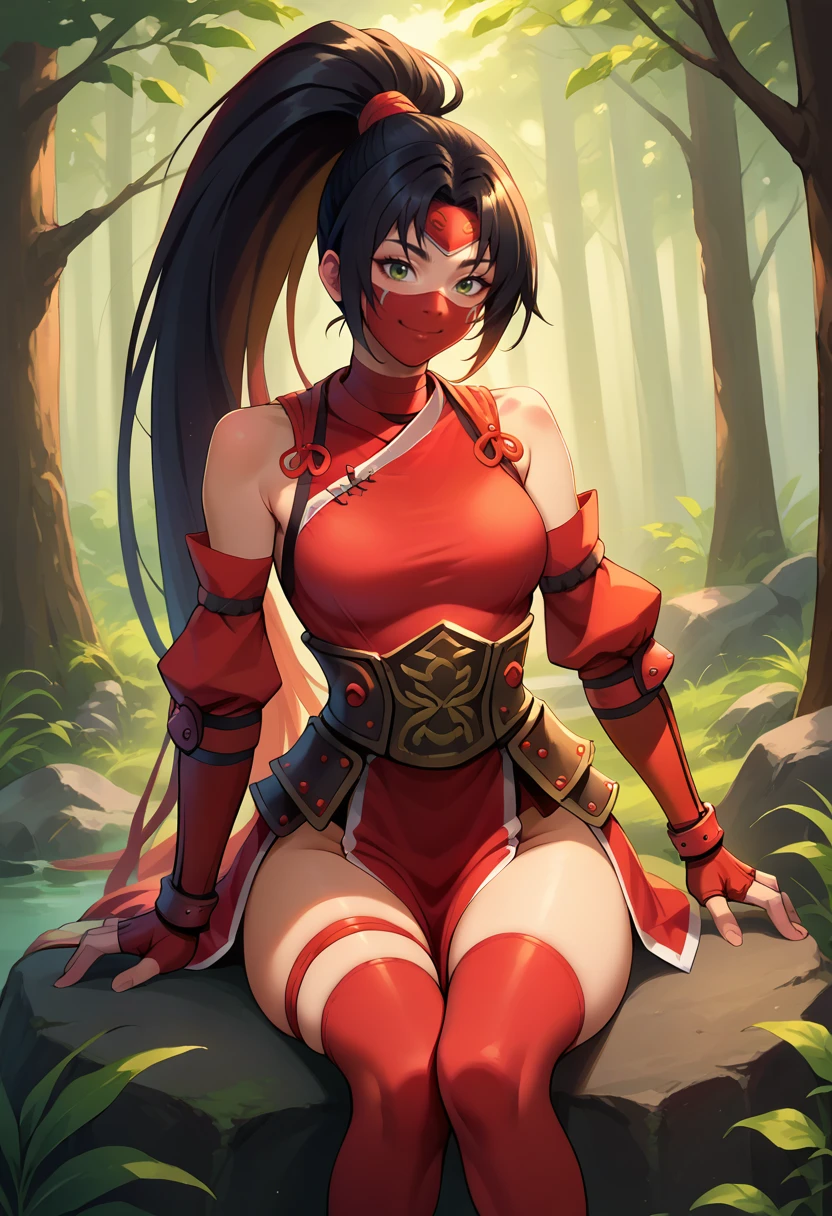 score_9, score_8_up, source_anime, 1girl, solo, AkaliCrimson, green eyes, black hair, very long hair, high ponytail, red ninja mask, red dress, detached sleeves, waist armor, pelvic curtain, red thigh straps, red thighhighs, fingerless gloves, outdoors, forest, sitting, on rock, smile, <lora:ChamAkaliPonyXL:1>