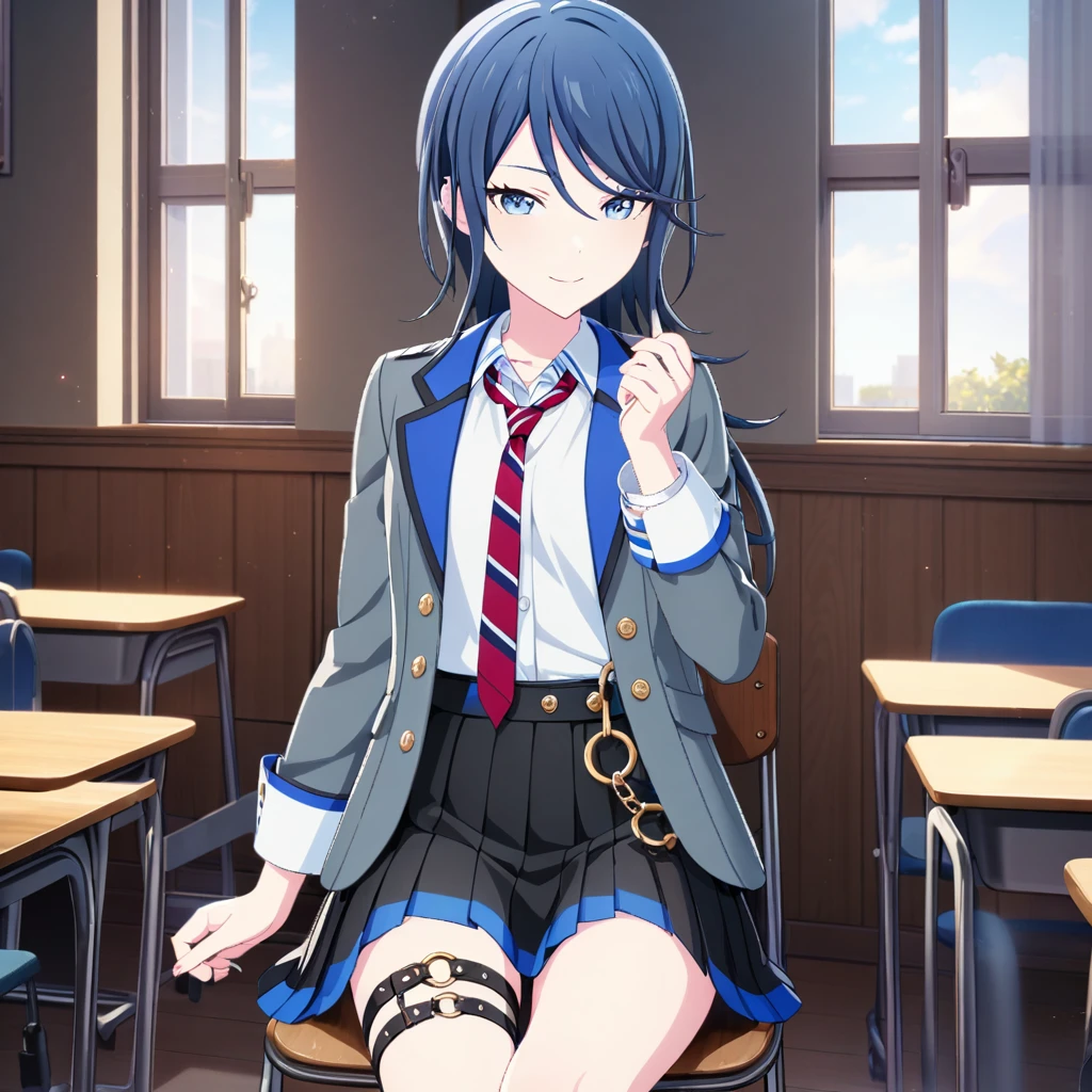 1girl, hoshino ichika \(project sekai\), project sekai, masterpiece, very aesthetic, absurdres, official art, recent, 
brandnew ichika, solo, (very long hair:1.2), black hair, blue eyes, sidelocks, straight hair, swept bangs, hair behind ear, 
looking at viewer,  teasing smile , sitting, , studying mathematics, BREAK
skirt, jacket, shirt, striped, necktie, pleated skirt, grey jacket, star (symbol), white shirt, collared shirt, black skirt, striped necktie, diagonal-striped necktie, diagonal stripes, red necktie, long sleeves, blazer, open clothes, thigh strap, school uniform, open jacket, shirt tucked in, dress shirt, wing collar, buttons, blue skirt, belt, chain, blue jacket, grey shirt, high-waist skirt, suspenders, sleeve cuffs, star print, jewelry,
indoors, classroom, desks, chairs, window, curtain, warm light, 
 <lora:sdxl-leo-BNIchika03:0.8:lbw=0,0,0.2,0.2,0,0.4,0.4,0,0.8,0.8,0,0,0,0.8,0.8,0.6,0.8,0.0,0.0,0.0,0,0,0,0,0,0>