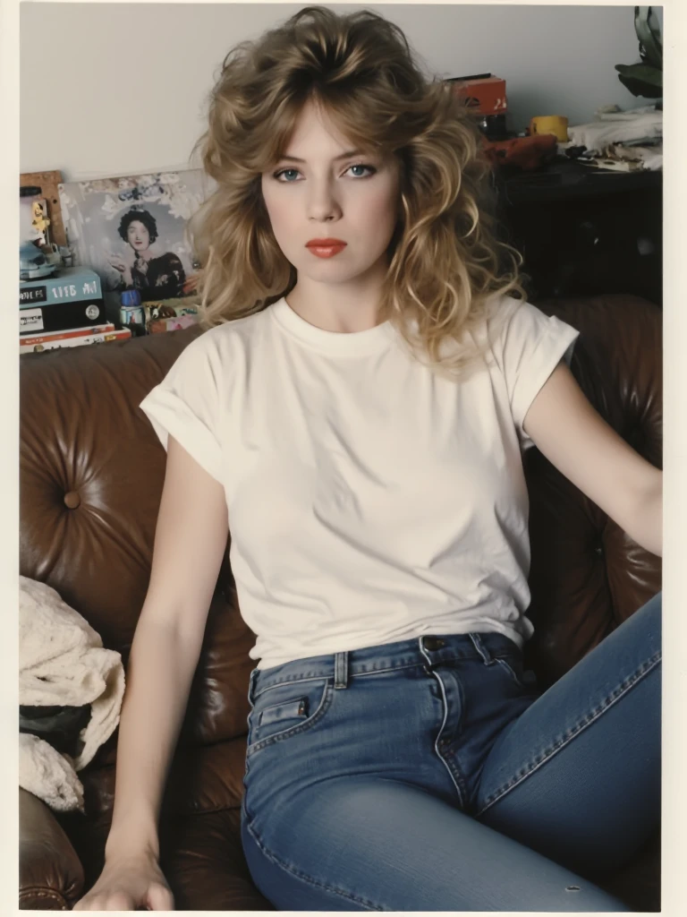 Candid photography, disposable camera with flash light, film noise, taken in the 90s, low quality, natural lights, tracyLoo123, wearing old white oversized t-shirt, denim pants, in her messy living room , melancholy, scratched surface, weathered photograph, polaroid feel