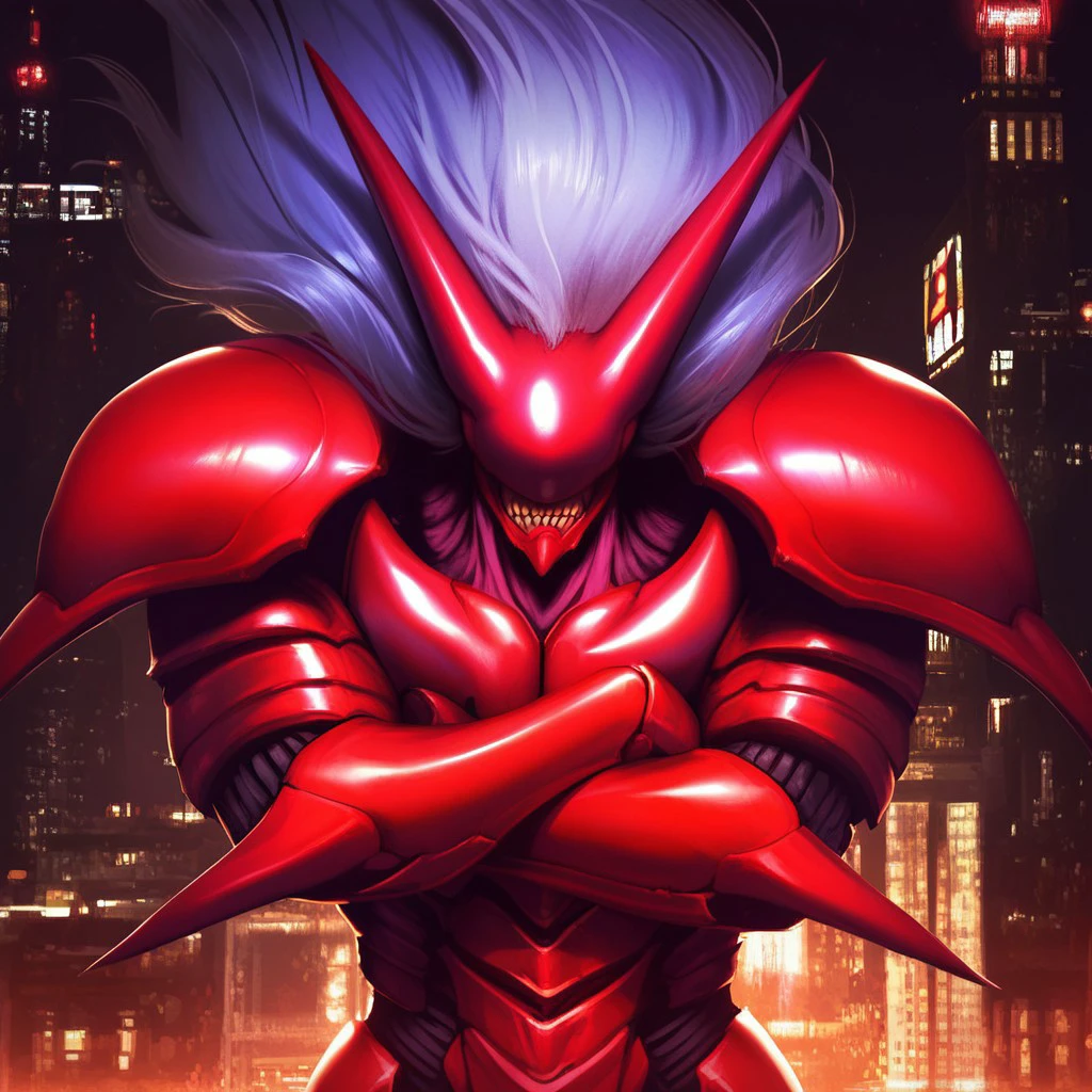 score_9, score_8_up, score_7_up, 1boy, solo,  Expressiveh, (ShouX, monstrous humanoid, armor, red body, white hair, long hair, eyeless, noseless, earless, teeth, claws, armor, closed mouth), arms crossed, low-angle view, city, streets, night, standing, detailed background, 4k, masterpiece, best quality, highly detailed, realistic