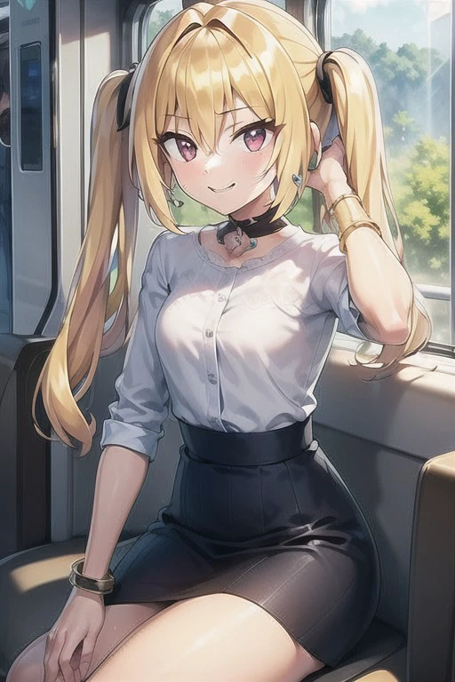 intricate details, finely detailed, <lora:Add Detail:0.4>, (masterpiece), best quality, high resolution, highly detailed, detailed background, thin, small size, ((curved)), colorful backgrounds, ((st_style)), blonde hair, twintails, on a train, looks thoughtfully out the window, white shirt with intricate details, black choker, black bracelet, black skirt, long black earrings, sitting and leaning against the window