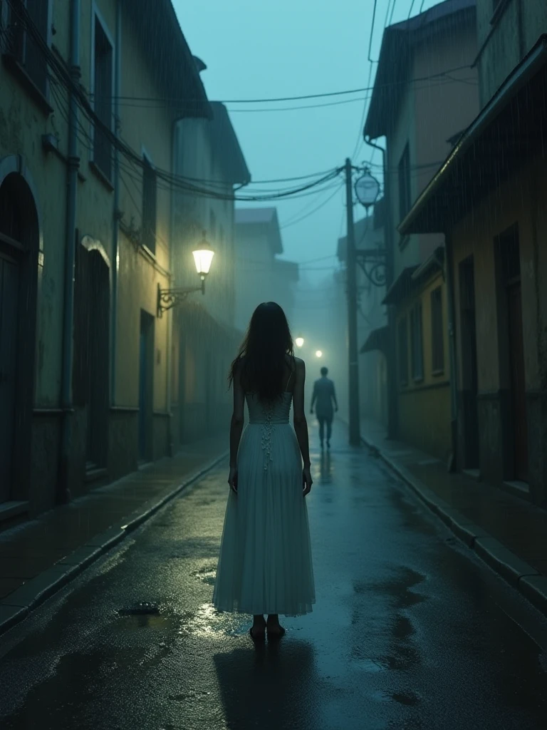 A deserted, rain-soaked street in an old town, where a single, flickering streetlamp barely illuminates the surroundings. A lone woman in a long, white dress stands motionless in the middle of the road, her hair covering her face. Behind her, a series of distorted shadows twist and writhe, as if alive, moving closer with each passing second., xplus