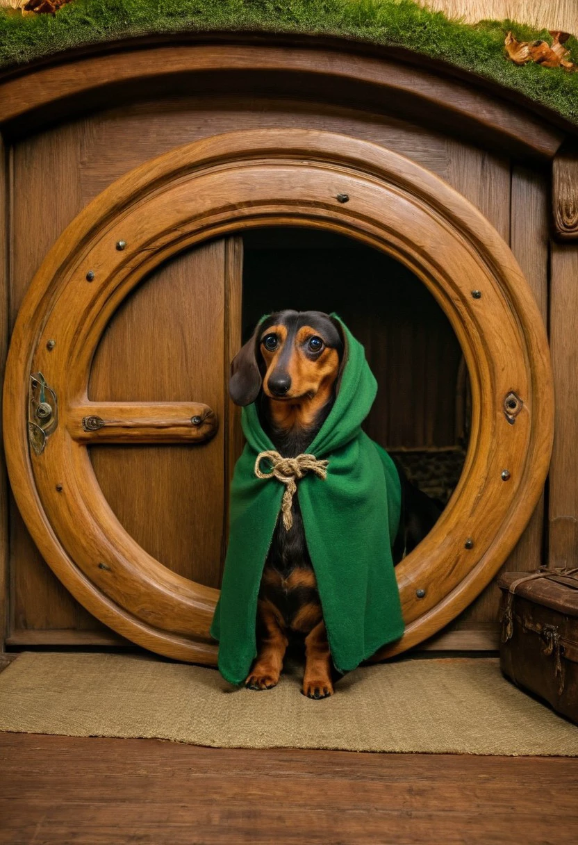 a cinematic still from lord of the rings, yunadog, dachshund, brown and black fur, wearing hooded green cloak, leaf broach, elvish rope, floppy ears, huge round wooden door, in a warm cosy hobbit home, bag end, hobbiton, the shire, adaptive angle, cute, epic, funny, film grain, colour grading