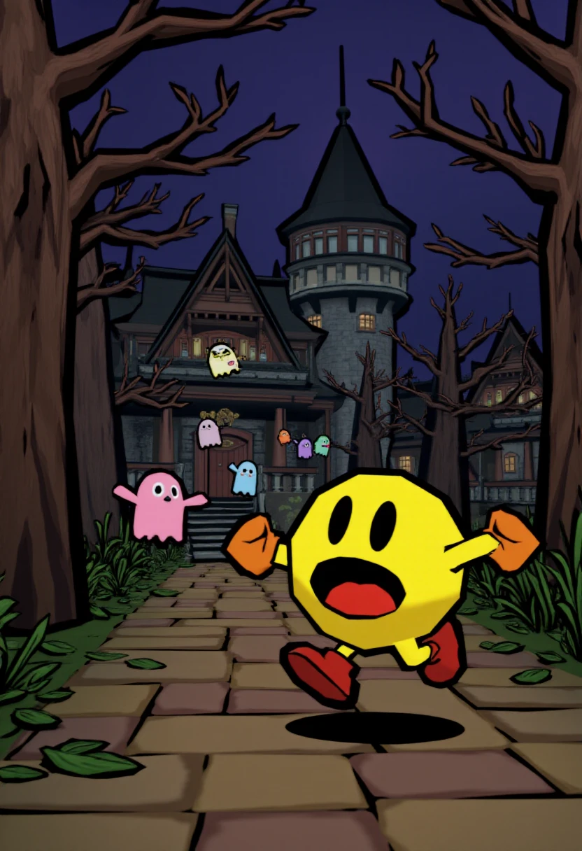 okamistyle, scared Pac-Man in a haunted mansion running away from colorful ghosts. 