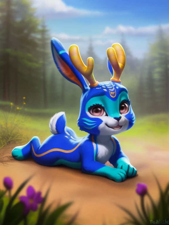 <lora:JackieSMYif:1>  JackieSM, Jackalope, bunny, horns, purple eyes, bunny ears, rabbit legs,  chibi,
Looks at the viewer,  (((lying on its side, smiling,)))
[ large window, (nature), forest, grass, day shining, clouds, flowers, ]
(beautiful, aesthetic, perfect, delicate, intricate, saturated colors), masterpiece, digital drawing, best quality,
[by kenket|by totesfleisch8], by thebigslick:by silverfox5213:0.8], [by syuro, by paloma-paloma::0.2, (Tricksta, TotesFleisch8)