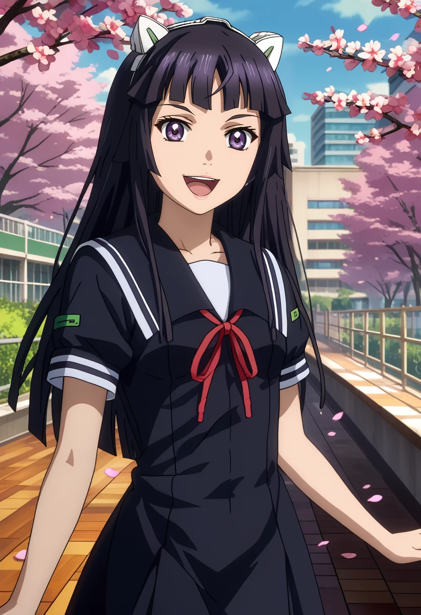 score_7_up, anime screencap,
<lora:GuiltyCrown_TsugumiXL:0.9>,
1girl, open mouth, light smile,
long hair, black hair, hime cut, purple eyes, fake animal ears, hairband,
TsugumiSchool, black serafuku, black sailor collar, black dress, red ribbon, short sleeves,
standing, looking at viewer, cowboy shot,
blurry background, school, cherry blossoms, falling petals