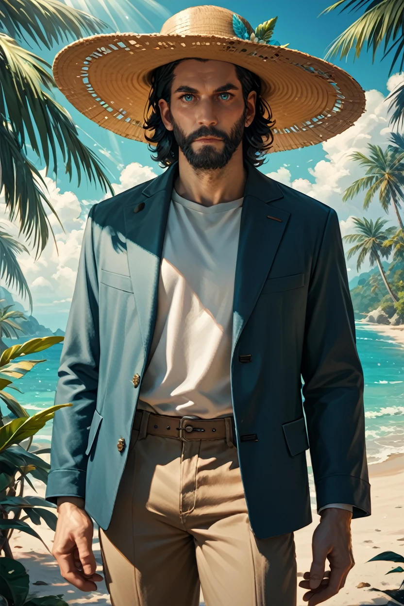 score_9, score_8_up, score_7_up, score_6_up
<lora:AWAlan:1.0>
AWAlan, 1boy, black hair, beard, blue eyes, looking at viewer, full-body portrait, male model wearing a beach hat, standing under a palm tree, turquoise water in the background, serene expression, sun rays filtering through leaves