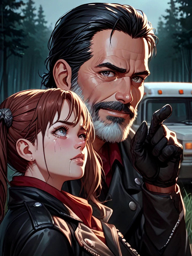 score_9, score_8_up, score_7_up, negan, 1guy, red scraf, black leather jacket, black gloves, narrow waist, twintails, 1girl, 2girls, multiple girls, fear, truck, night, forest, realistic, close-up, hand up, arm up, <lora:girlhatenegan_pony:0.9>