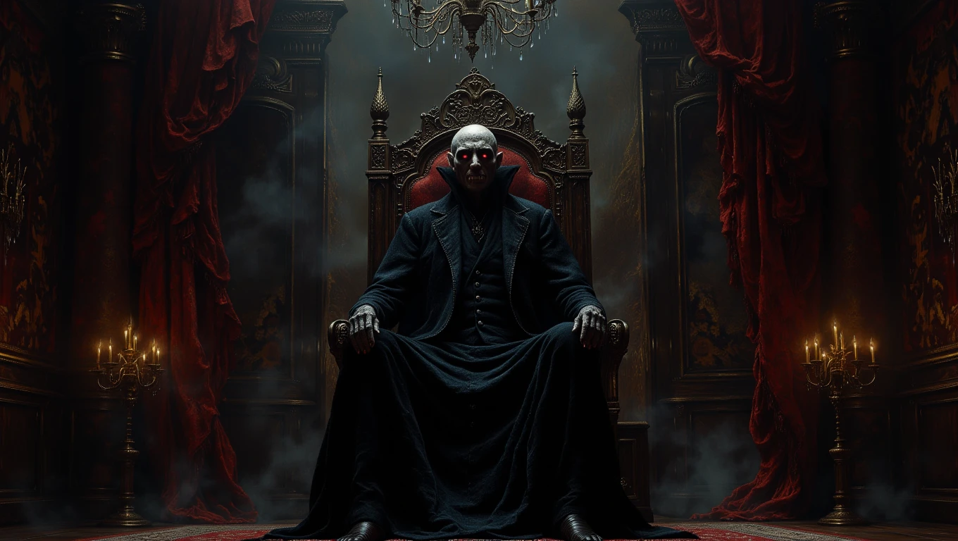 A vampire's opulent throne room, adorned with dark velvet drapes, gothic chandeliers, and ancient tapestries. The vampire sits on a throne of bones, with piercing red eyes and a predatory grin. The background features shadowy corners and flickering candlelight
<lora:Dark_Landscapes:0.8>