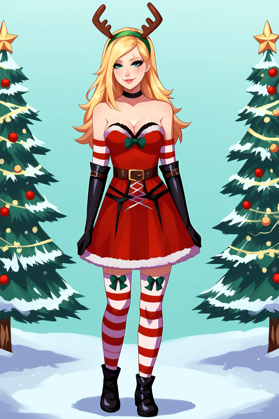 score_9, score_8_up, score_7_up, score_6_up, BREAK, KatarinaSBXL, scar on eye, green eyes, blonde hair, long hair, reindeer antlers, green hairband, black choker, medium breasts, santa costume, cleavage, fur trim, strapless dress, red dress, detached sleeves, black elbow gloves, striped thighhighs, black shoes, solo, full body, standing, seductive smile, looking at viewer, forest, tree <lora:KatarinaSBXL:1>