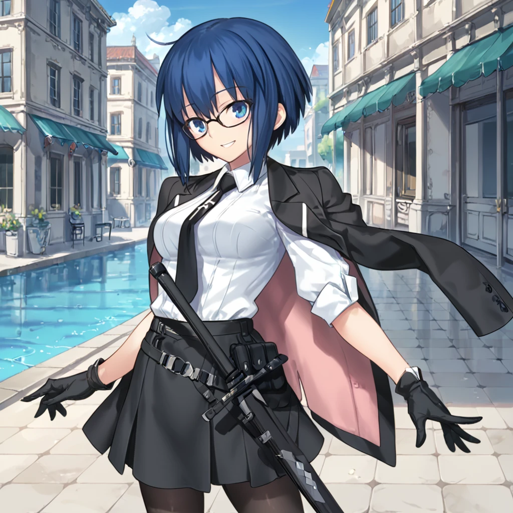 1girl, solo, ciel_sensei, blue eyes, blue hair, short hair, black jacket, black skirt, white shirt, collared shirt, pantyhose, jacket on shoulders, sword, black necktie, black gloves, smile, outdoors, glasses, black-framed eyewear, glasses push,
BREAK score_9, score_8_up, score_7_up, masterpiece,
<lora:ciel_summer_fgo:0.8>