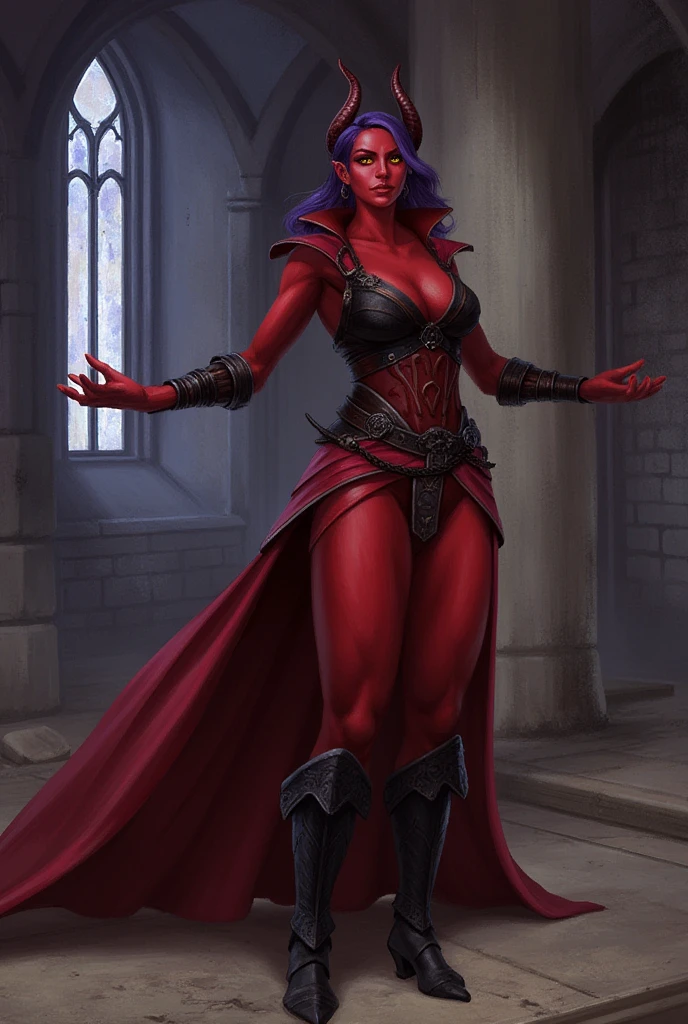 wotr_portrait, 1girl, tiefling, full body, red skin, robe, warlock, mature female, yellow eyes, muscular female, boots, ruins, church, purple hair, realistic, long hair, evil