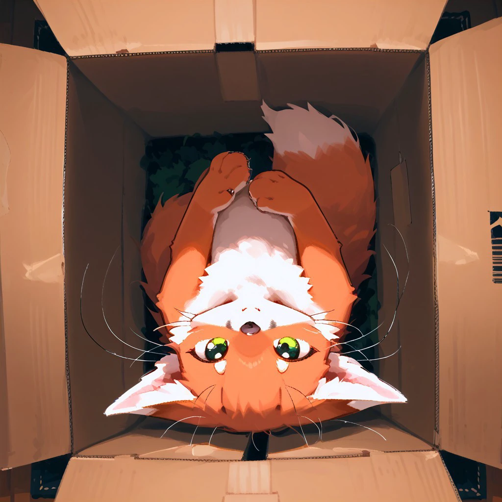 watashigu, animal, animal focus, cardboard box, fox, from above, full body, green eyes, indoors, looking at viewer, lying, no humans, on back, solo, whiskers, score_9, score_8_up, score_7_up