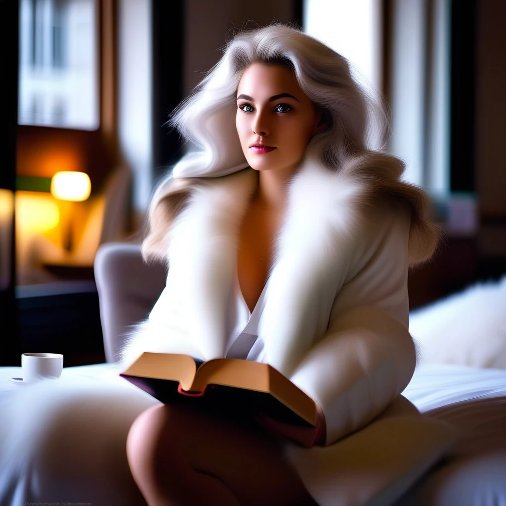 blurry, high heels, bed, mole, grey pants, holding book, looking at viewer, fox fur coatvvvvv, holding, white coat, indoors, breasts, parted lips