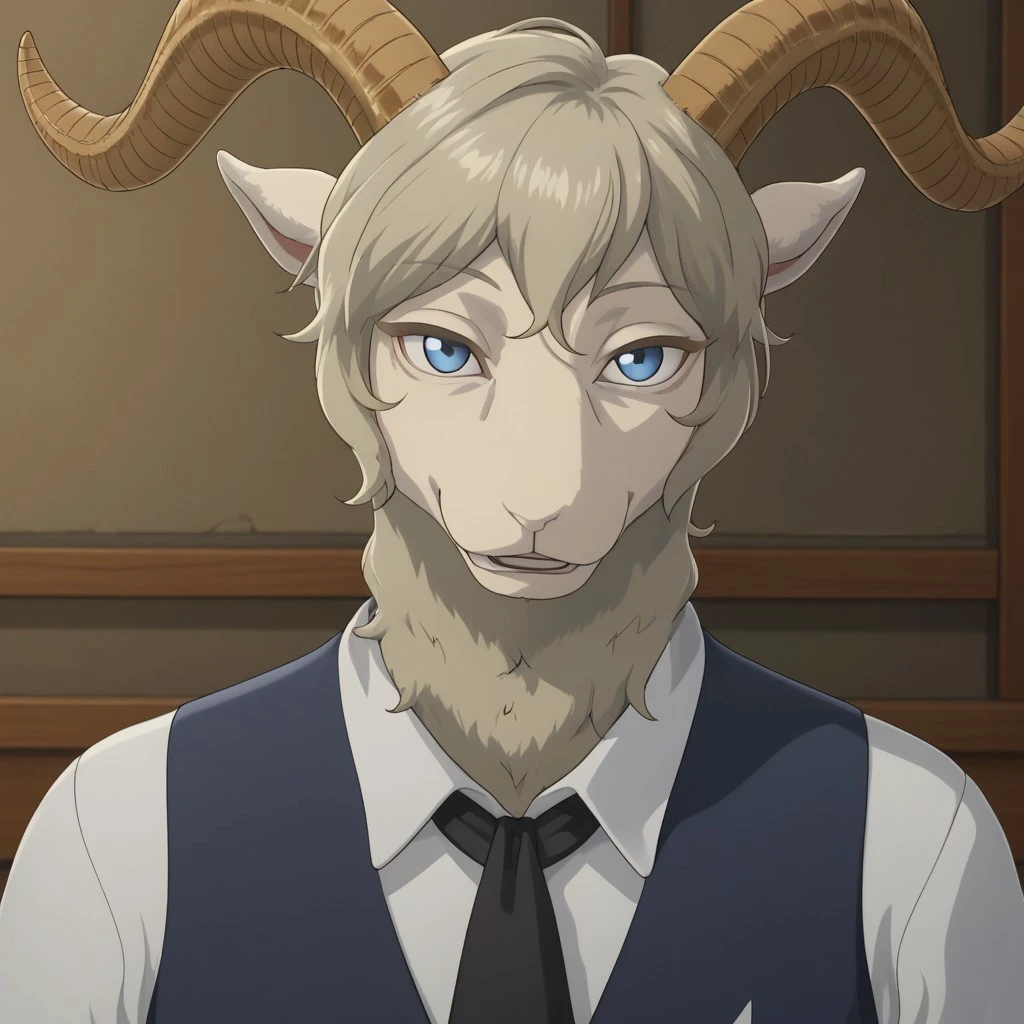 furry, solo anthro, male, smile, bust portrait, looking at viewer, Pina, Dall sheep,  white fur, blue eyes, white shirt, blue vest, narrowed eyes, horns