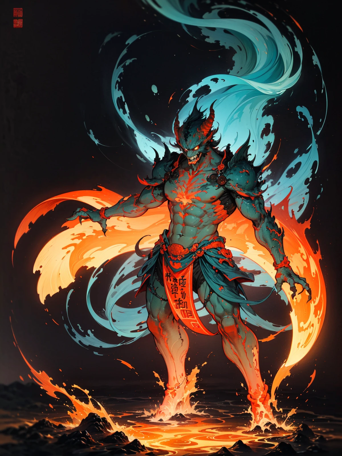 Master piece,highly detailed,best quality,high resolution,
volcano,(lava\(glowing, splash,high in the air, surrounding monster\):1.2),full shot,
front view,
(minimalism:1.3),(chinese shanhaijing),(a monster from ancient Chinese myth\(standing on lava\) :1.5),( Chinese meticulous painting:1.5),(mmortal beast from Chinese mythology:1.1),Chinese classical patterns,****** of chinese,stunning atmosphere,