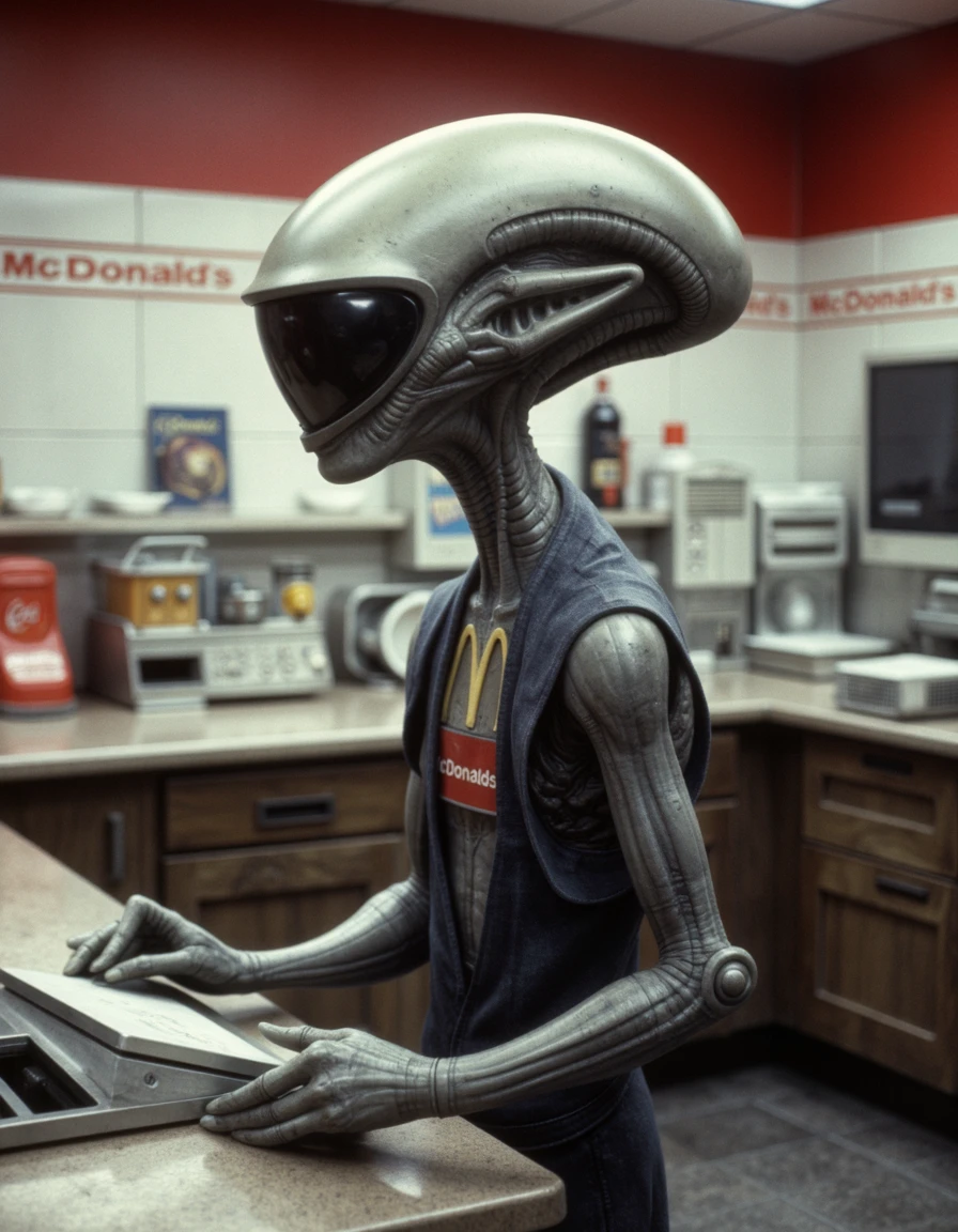 g1ger alien with elongated head working behind the counter at mcdonalds wearing a mcdonalds visor