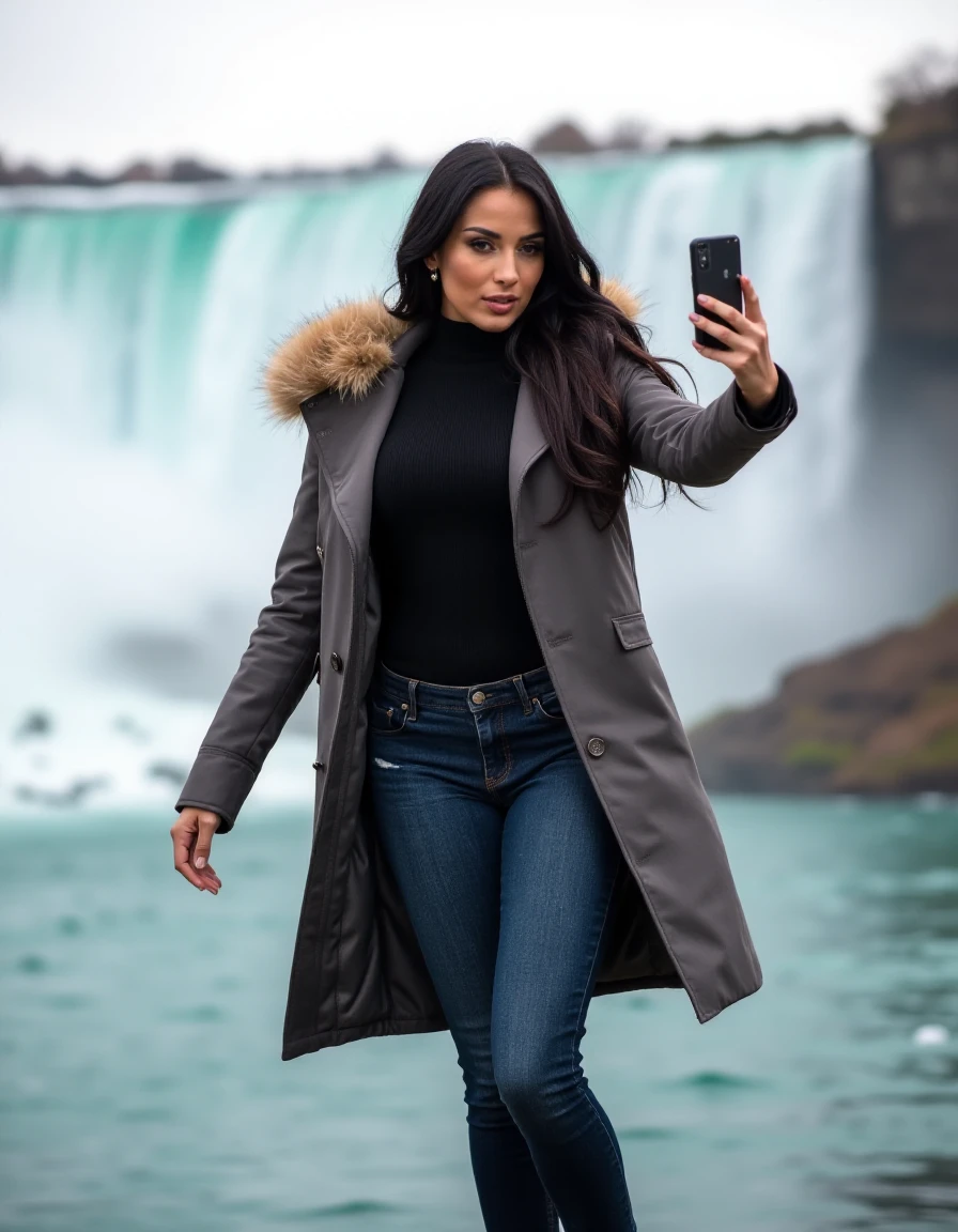 Anissa Kate is wearing a turtleneck pullover, tight jeans, highheel highboots, a jacket with a fur colar. She is taking a selfie in front of the niagara falls  <lora:AnissaKate:0.8>