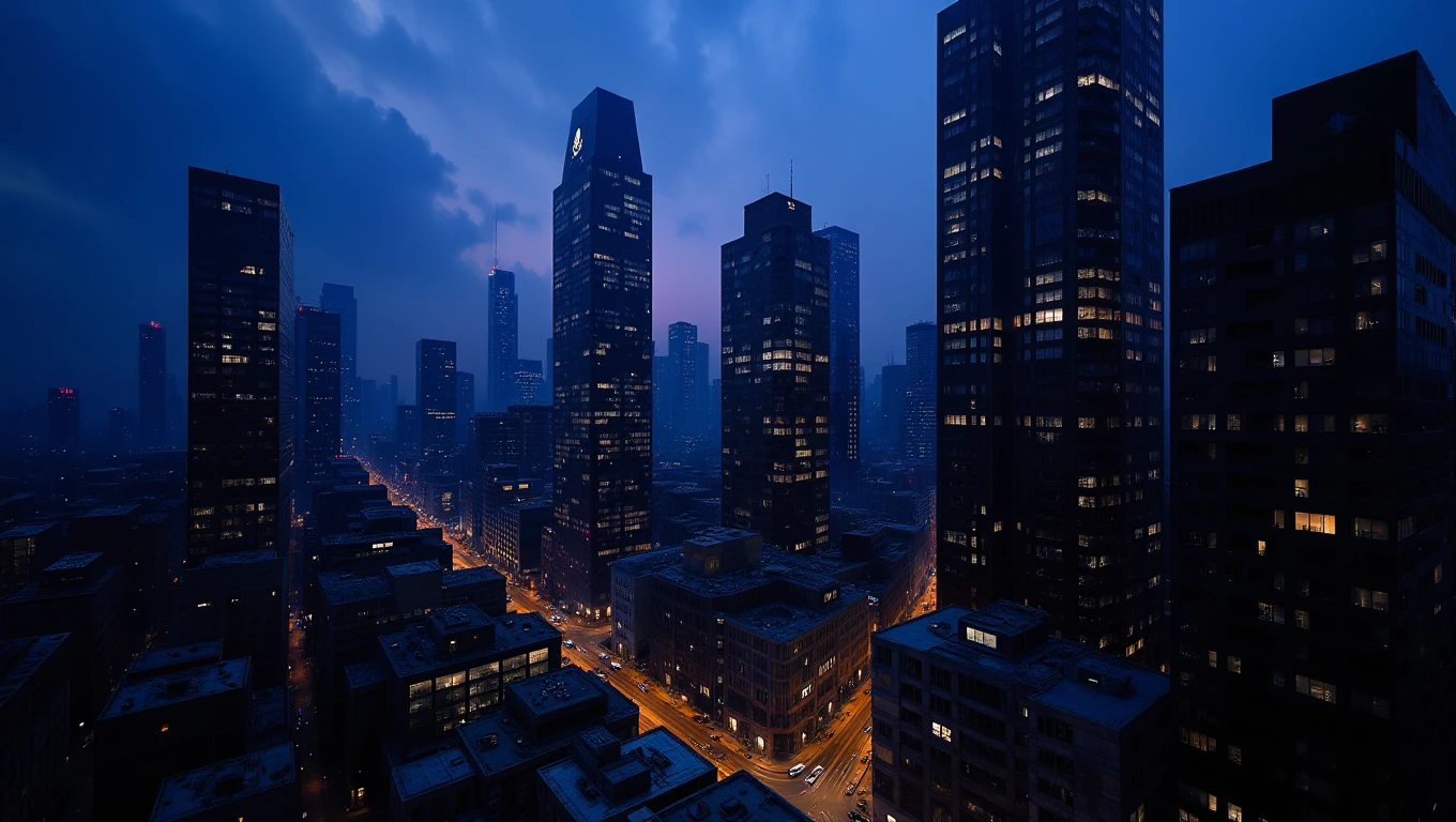 A modern cityscape bathed in the soft light of twilight. The skyscrapers are sleek and reflective, their windows catching the last rays of the setting sun. The streets are bustling with activity, and the lights of the city begin to flicker on, casting a warm, golden glow over everything. The sky is a deep blue, fading to purple as night falls
  <lora:Dark_Landscapes:0.8>