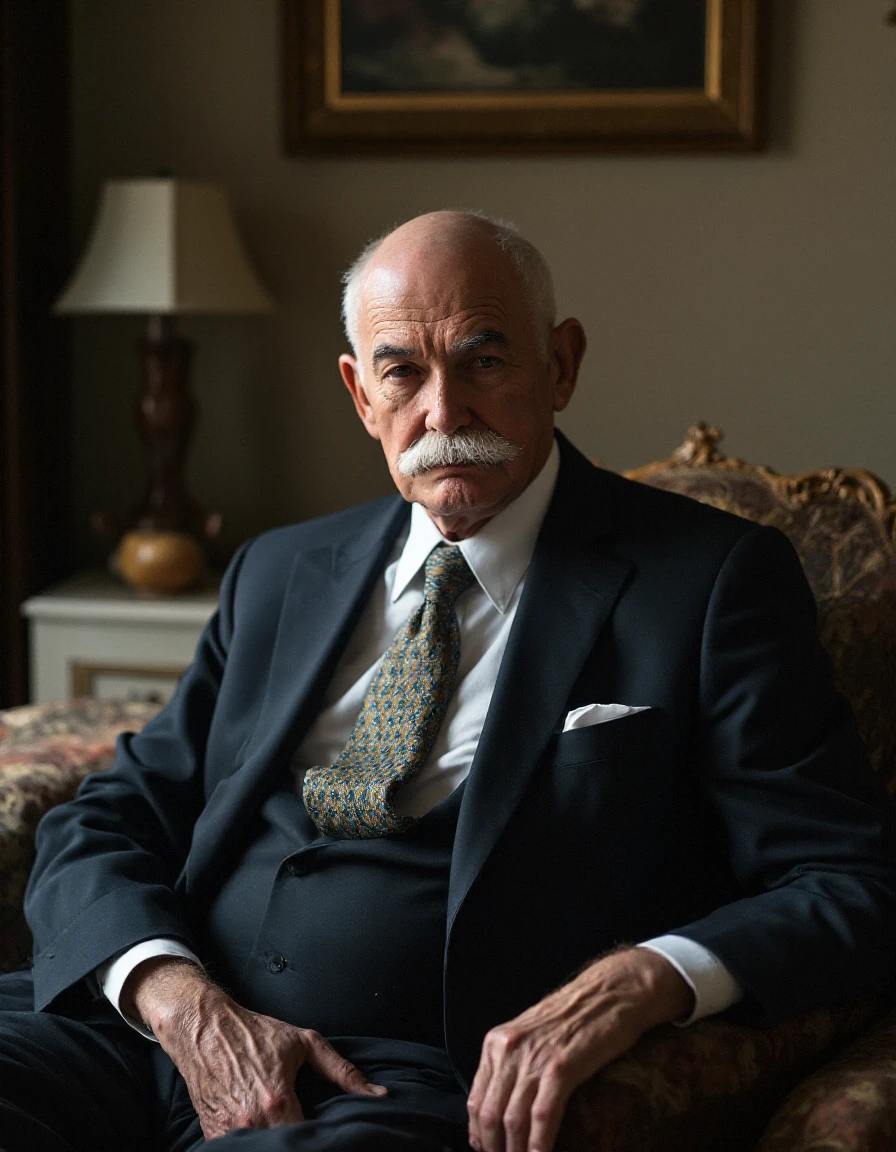 a photographic, hyper realistic (full body:1.5) photo of a (thin:1.5), (skinny:1.5), 70 years old man sat on a sofa, suit an tie clothed, very elegant, bald, (thick white moustache:1.4),<lora:OldManFluxV1_10:1>,  lot of details   <lora:fluxenhancer:1>  <lora:flux_realism_lora:1>, RAW candid cinema, 16mm, color graded portra 400 film, remarkable color, ultra realistic, textured skin, remarkable detailed pupils, realistic dull skin noise, visible skin detail, skin fuzz, dry skin, shot with cinematic camera, detailed skin texture, (blush:0.2), (goosebumps:0.3), subsurface scattering