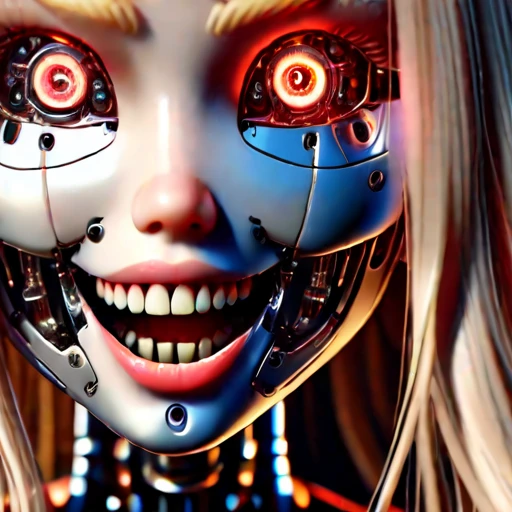 <lora:Rogue_Robots_r1:1.00> <lora:detailed_notrigger:2>humanoid robot, 1girl, close-up, portrait, synthetic skin, no humans, mechanical parts, solo, long hair, blonde hair, glowing red eyes, looking at viewer, nose, lips, open mouth, smile, teeth, realistic, glowing