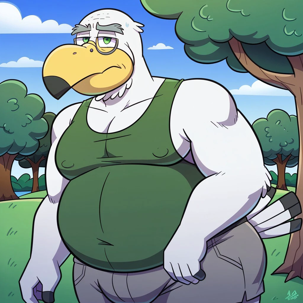 wilson, seagull, fat man, cartoon style, solo, Its head is large and rounded, old man, with a wide, small green lenses, curved yellow beak, his eyes are small and expressive, framed by thick, gray eyebrows that give him a wiser and more mature appearance, he wears thin-framed small lenses that sit gently on his beak, solo, detail background, 4k, best quality, highly detailed, dark green tank top, dark gray shorts (bermudas), walks at a slow pace through a park full of trees, expression is calm as he enjoys the environment. tired expression