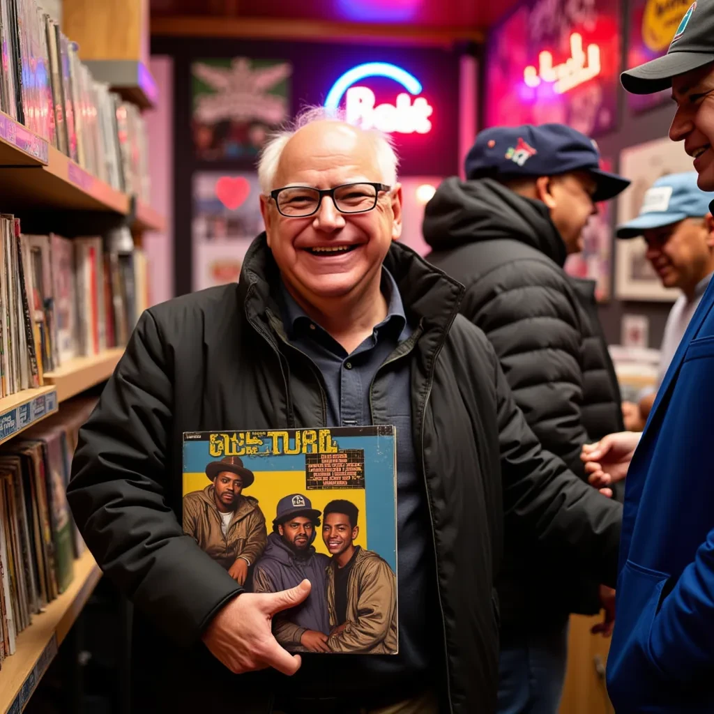 A photo of Tim Walz,

Subjects: Tim Walz shopping in a black record store

Appearance (Tim Walz): Wearing a regular business suit jacket over a casual collared shirt, with his signature black-rimmed prescription reading glasses.

Pose and Action: Tim Walz smiling and laughing, showing camaraderie and friendship with store goers, smiling at the camera, holding a Dr. Dre hip hop album, facing the camera,

Setting: Inside a 1990s hip-hop record store in an African American neighborhood in Los Angeles. The store is filled with vinyl records, posters of iconic hip-hop artists, and graffiti-style art on the walls.

Background: The store has a vibrant, urban vibe, with a counter full of records and vintage posters of famous West Coast rappers like Dr. Dre, Snoop Dogg, and Ice Cube. There are a few other customers browsing the records, dressed in 90s hip-hop fashion.

Lighting: The store is dimly lit with neon signs casting a colorful glow, creating a nostalgic, moody atmosphere.

Mood/Atmosphere: Friendly, nostalgic, and culturally rich, capturing the essence of 1990s West Coast hip-hop culture.