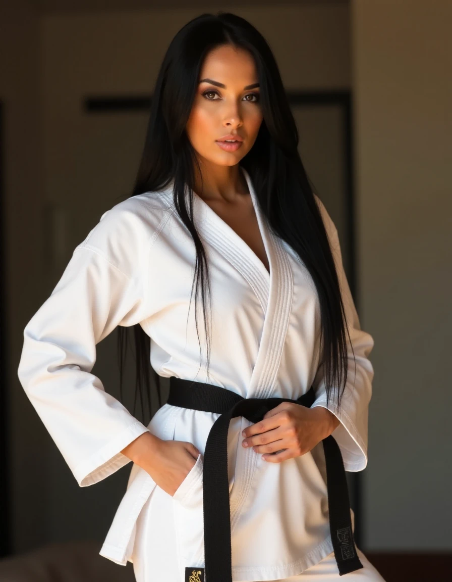 Anissa Kate is wearing a judo kimono with a blackbelt. She is in a dojo ready to fight  <lora:AnissaKate:0.8>