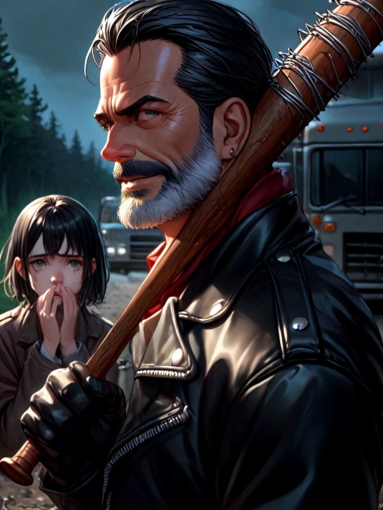 score_9, score_8_up, score_7_up, negan, 1guy, red scraf, black leather jacket, black gloves, narrow waist, 1girl, 2girls, multiple girls, fear, truck, night, forest, realistic, close-up, hand up, arm up, holding weapon, <lora:girlhatenegan_pony:1>