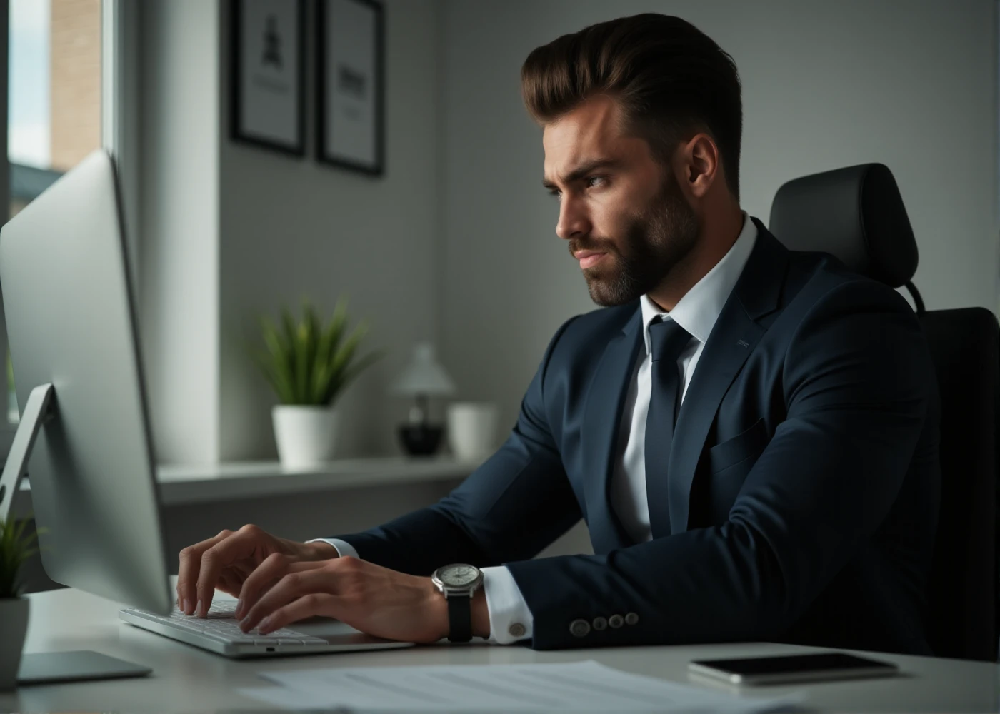 Gigachad is a short hair  muscular man in a suit working on a computer in an office <lora:Gigachad:0.9>