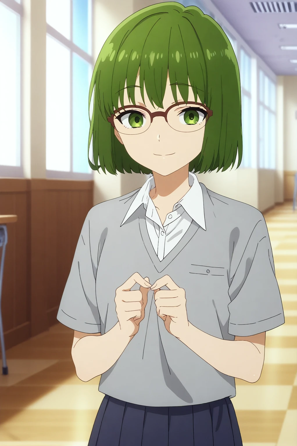 sakura kouno,anime screencap,1girl,solo,glasses,short hair,over-rim eyewear,bob cut, school uniform,smile,indoors,shirt,school uniform <lora:Sakura_Kouno - PDXL2.safetensors:0.8>