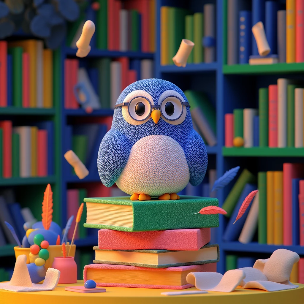 Juaner_cute,
A wise old owl with spectacles, perched on a stack of ancient tomes, surrounded by floating scrolls and quills in a cozy study lined with bookshelves.