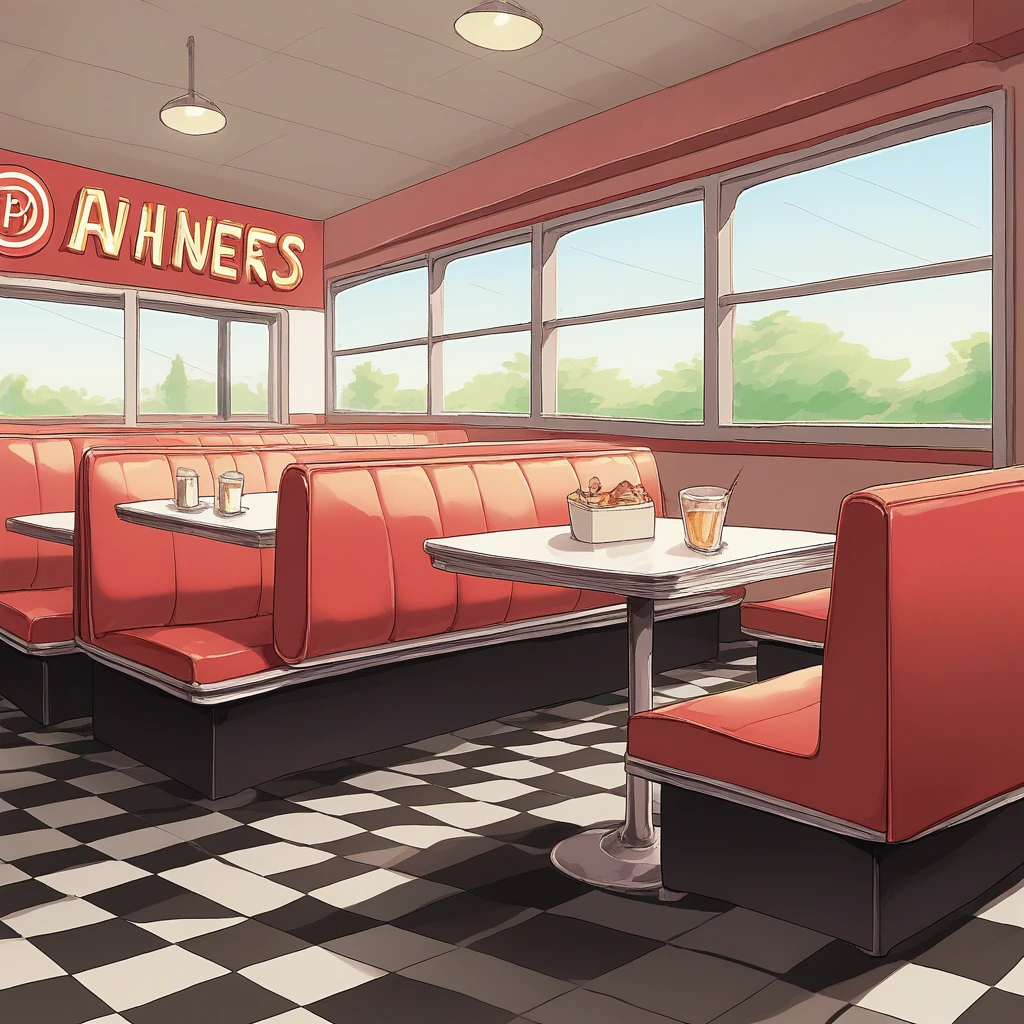 score_9, score_8_up, score_7_up, score_6_up, score_5_up, score_4_up, zPDXL2,source_anime,rating_questionable, cowboy shot,smile, looking at viewer, 1girl , <lora:Diner:0.8> d1ner, retro diner, indoors, table, checkered floor, red booth chair, window